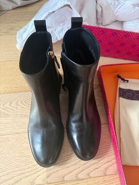 Tory Burch Black Leather Ankle Booties with Gold Zip